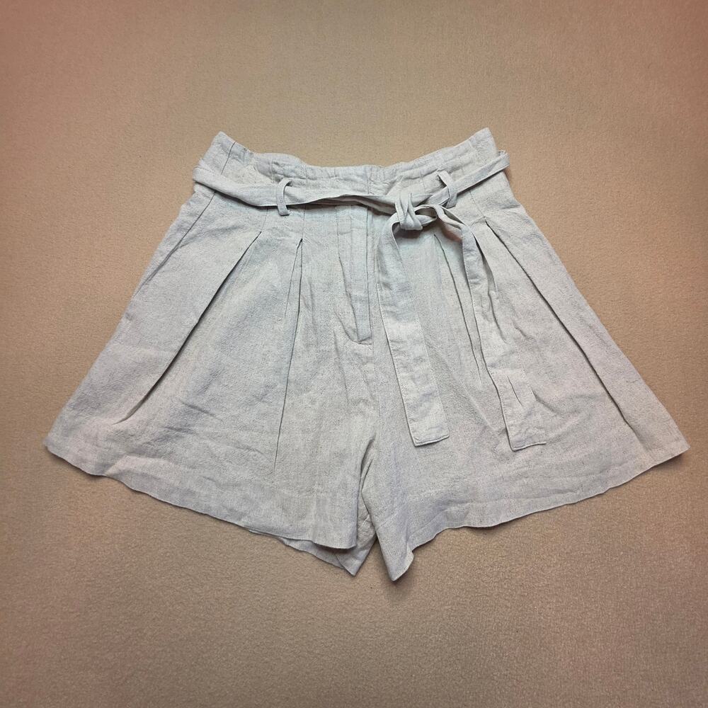 Zara Linen Blend Paperbag Pleated Shorts with Tie Belt Beige Sand Sz Small